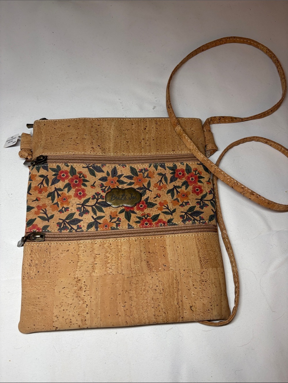 BriLi Joi NWT Tan Cork Print w/Flowers Manmade Slim Crossbody